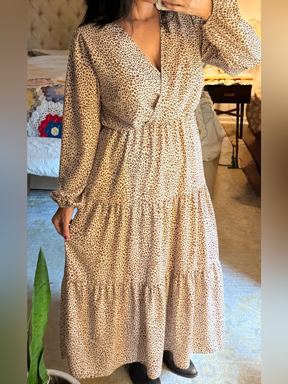 Amazon pretty garden tan animal print pattern long sleeve maxi dress. L